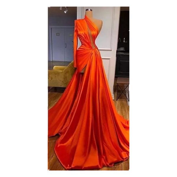 Orange helle Ballkleider mit Pailletten, One-Shoulder-Langarm-Satin, sexy High-Side-Split, schicke Partykleider, bodenlang, Übergröße, nach Maß