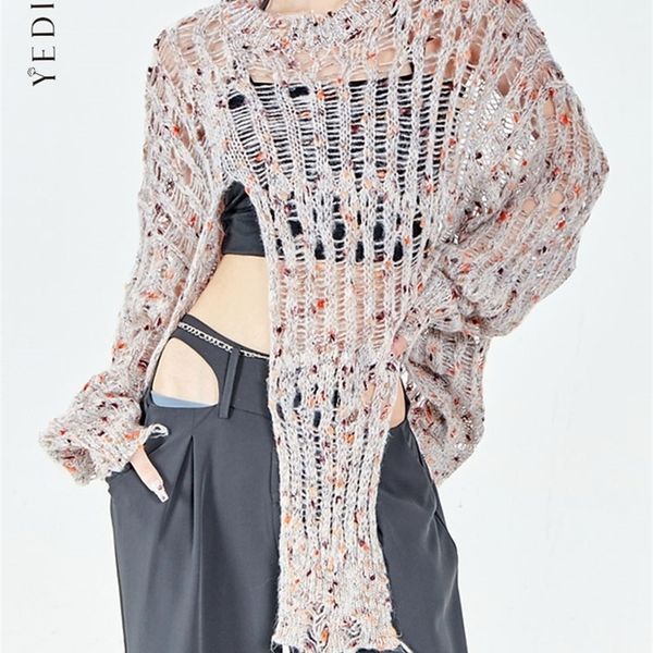 

yedinas streetwear hollow out irregular knitted korean style pullover sweater see through ladies jumper y2k split autumn 220817, White;black