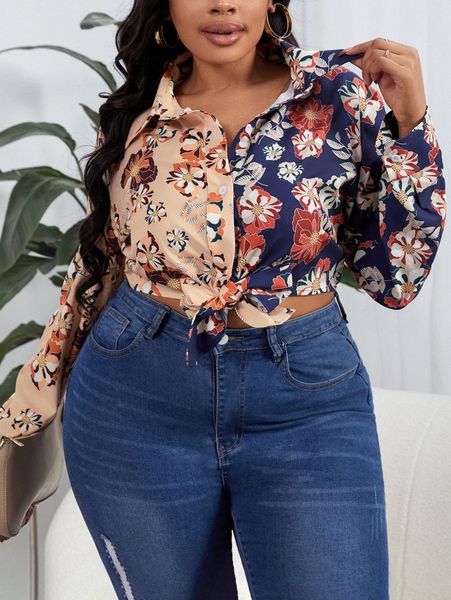 

sxy plus floral print color-block knot hem crop blouse f2wa#, Black