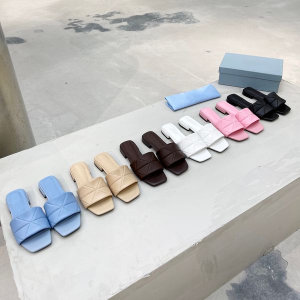 

prad new ladies sandals flats heel calfskin slip-ons round toes slippers heeled sandal flip-flops satin leather slipper quilted nappa leathe, Black