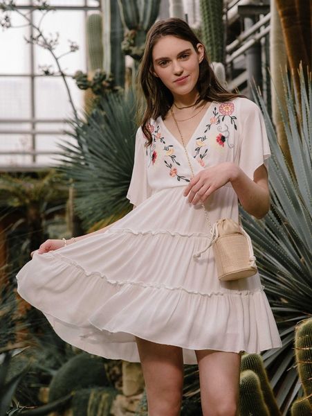 

floral embroidery ruffle hem dress e3ya#, Black;gray