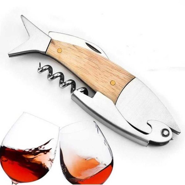 50pcs carino a forma di pesce a forma di vino manico in legno professionale apri metallici multifunzione vite multifunzione corkscrew apribottiglie di vino