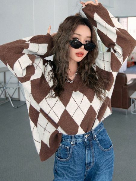 

dazy argyle pattern drop shoulder sweater f94b#, White;black