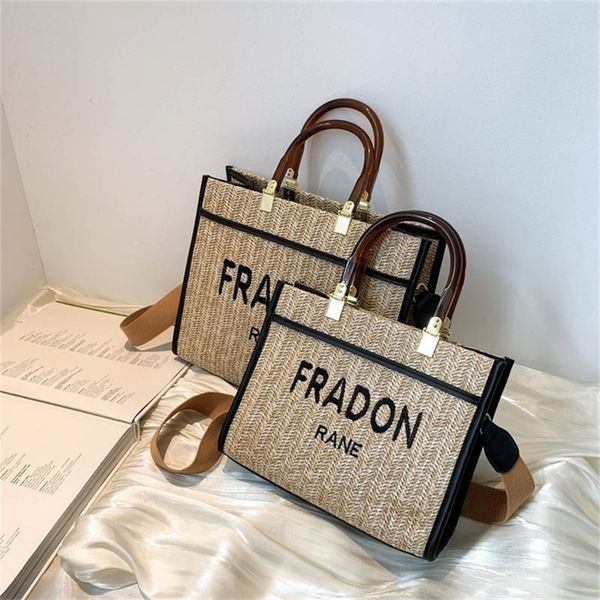 

summer straw letter embroidered thread portable tote fashion one shoulder messenger bag bohemian style child and mother bag 60% off online