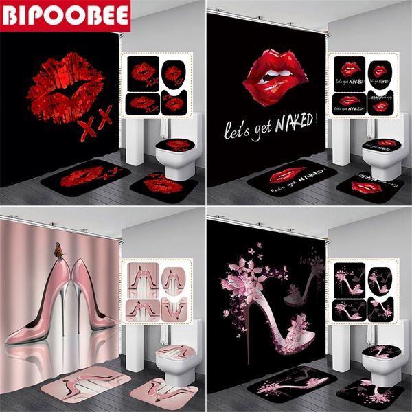 Red Lips Badezimmer-Vorhang-Set, rosa High-Heel-Badematten-Sets, Duschvorhänge mit Haken, schwarzer rutschfester WC-Vorleger, WC-Abdeckung 220517