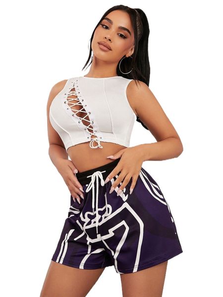 

sxy graphic print drawstring waist shorts v8eo#, White;black