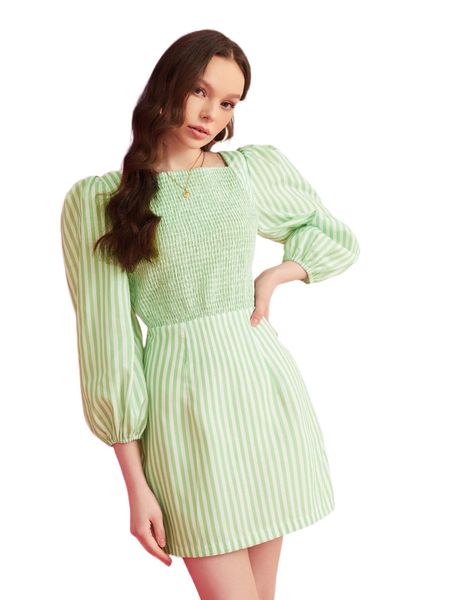 

x brittney laycock vertical striped shirred lantern sleeve dress x23b#, Black;gray