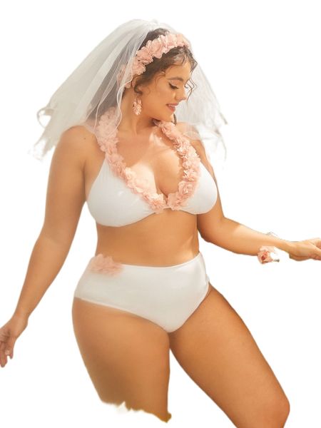 

plus appliques rib bikini swimsuit 62fx#, White;black