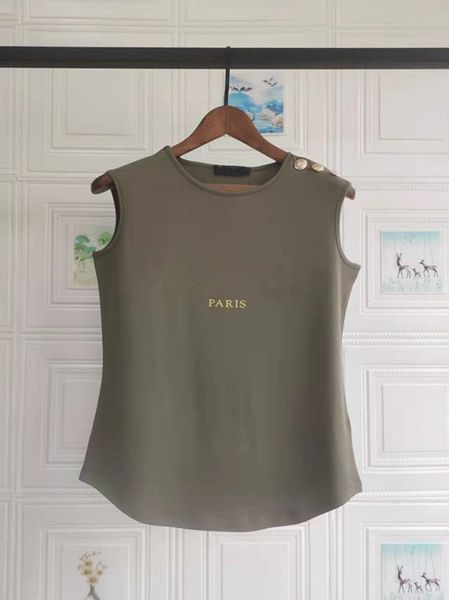 Damen-T-Shirt, Designer-Weste, Buchstabendruck mit goldenem Knopf, ärmelloses Damen-Top, Tanktops, Sommerkleidung, Gelb, Top-Qualität, Rundhalsausschnitt, Baumwolle, lässig, Größe S, M, L