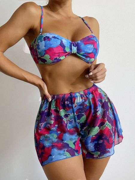 

allover print bikini swimsuit with beach shorts e1en#, White;black