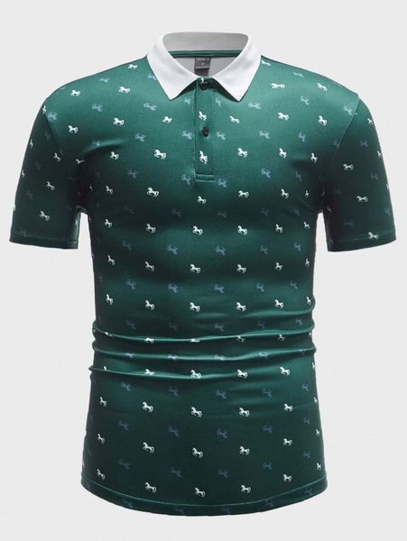 

men allover horse print contrast collar polo shirt o4tk#, White;black