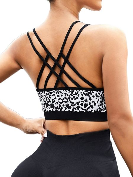 

leopard print strappy back sports bra i3zu#, Gray