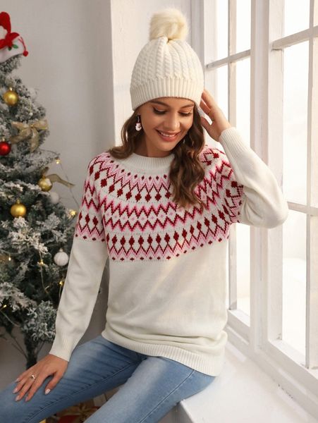 

geo & chevron pattern raglan sleeve sweater j278#, White;black