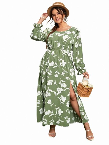 

plus floral print flounce sleeve split hem dress r3b1#, Black
