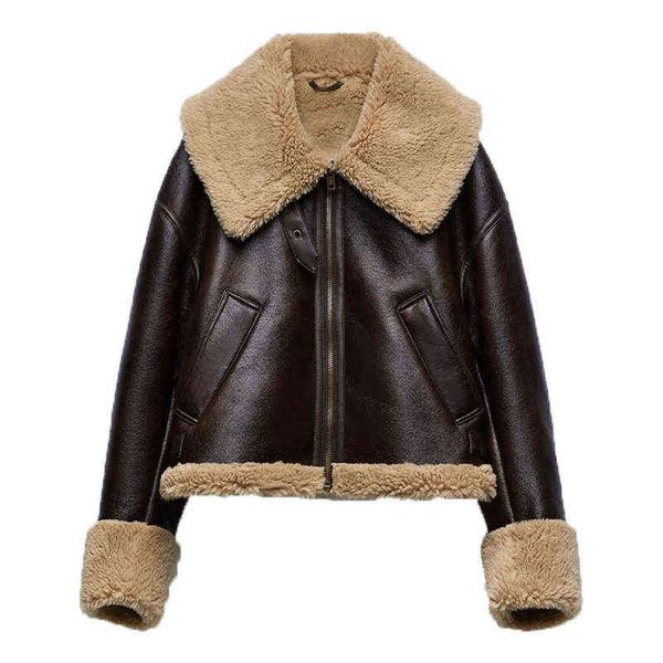 

women's pu jacket coat winter thick warm coat faux leather vintage jacket cropper ladies streetwear outwear moto biker jacket l220728, Black