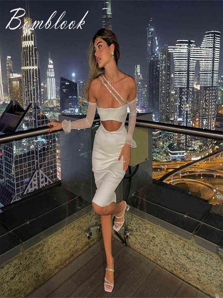 

bomblook x22ds171 2022 summer new solid color chest wrap hollow mesh long sleeve hip wrap dress female shining bandage y220401, Black;gray