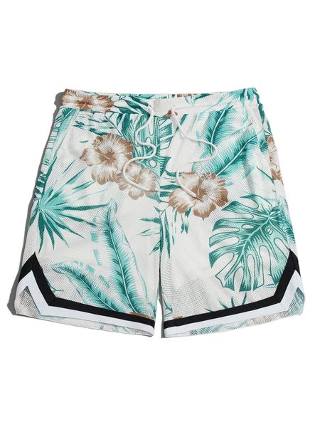 

men tropical print drawstring waist shorts t8o9#, White;black