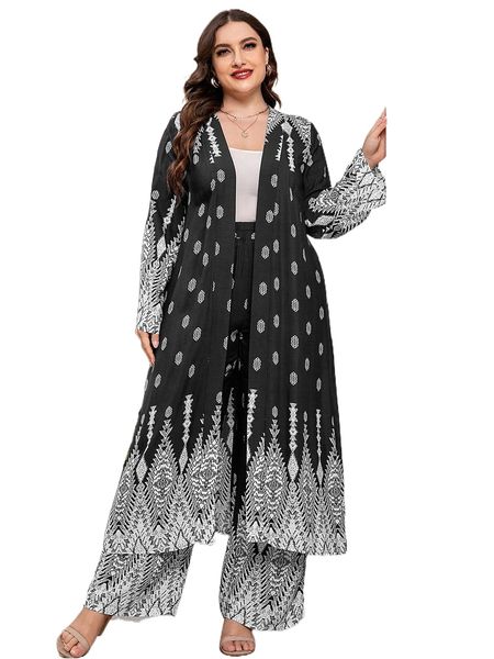 

plus geo print belted coat & pants o63s#, Black
