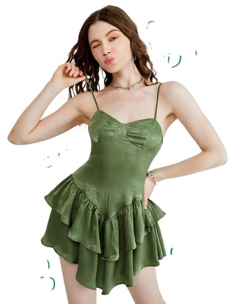 

two layer hem bustier satin cami dress 11vy#, Black;gray