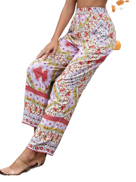 

high waist scarf print pants c1ca#, Black;white