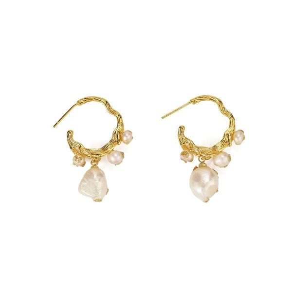 

brass with 18k gold real baroque pearl hoop earrings women jewelry boho t show gown runway party rare korean japan trendy, Golden