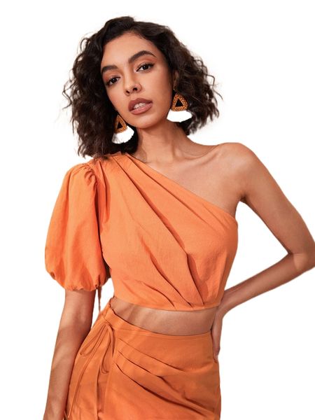 

one shoulder puff sleeve ruched blouse y6hs#, White