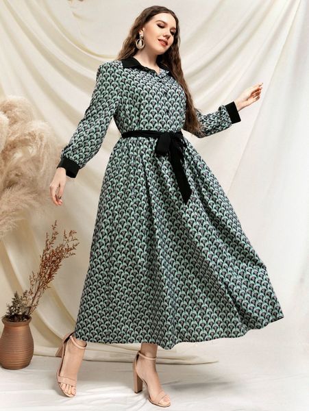 

plus allover print bishop sleeve belted shirt dress t14q#, Black