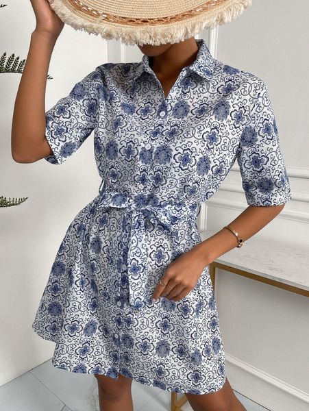 

floral collared belted shirt dress i4ch#, Black;gray