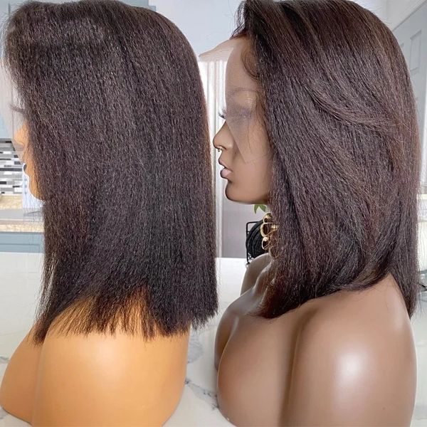 

blunt cut light yaki straight short bob lace front wigs pre plucked synthetic no gel headband wig heat resistant fiber hair, Black