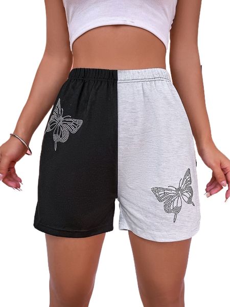 

rhinestone butterfly two tone shorts r8zr#, White;black