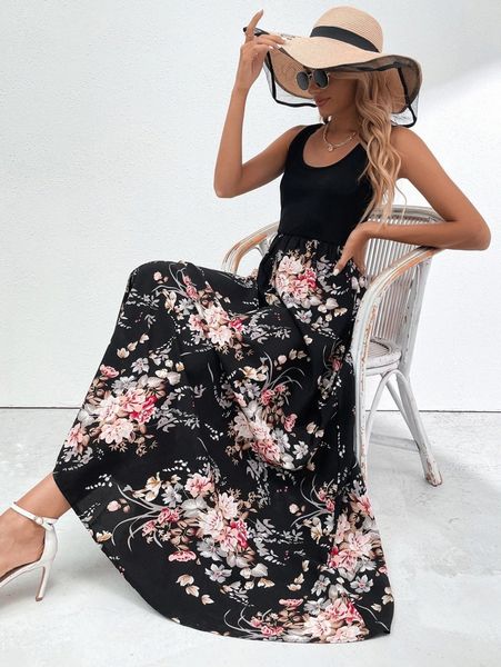 

scoop neck floral print dress without belt p6de#, Black;gray