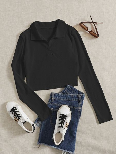 

solid collared ribbed knit tee c2ww#, White