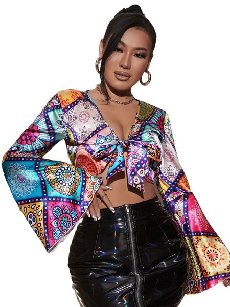 

sxy mandala print trumpet sleeve tie front satin x6x3#, White