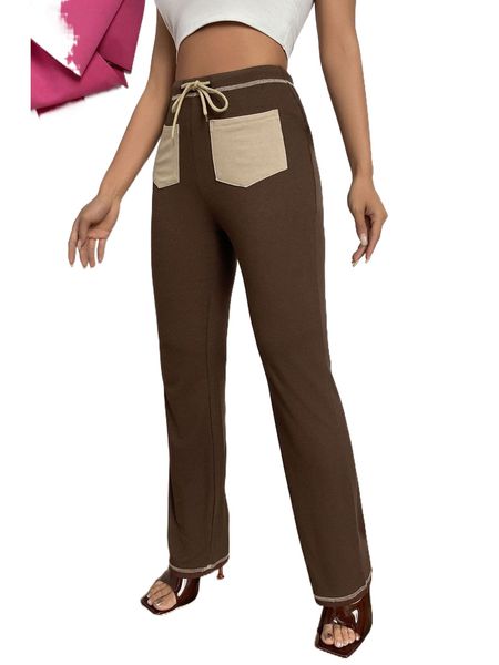 

contrast dual pocket drawstring waist pants q8yt#, Black;white