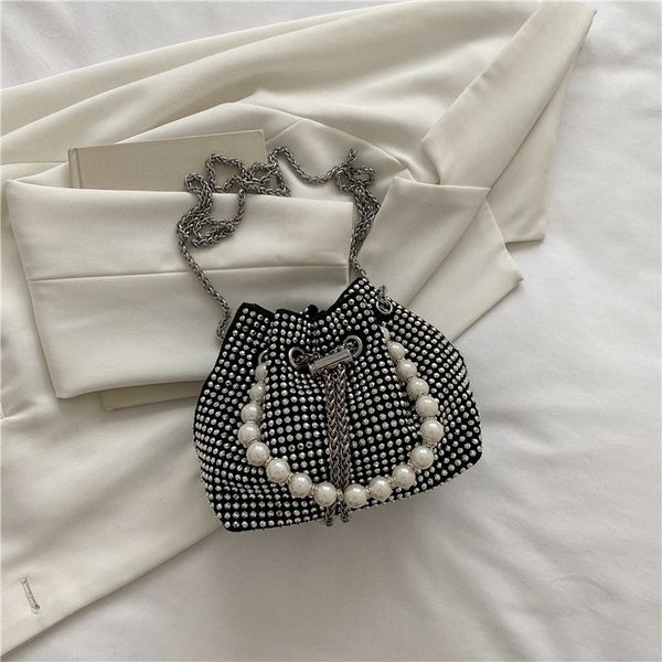 

2 colours new designer women bag diamond beaded chain and pearl handbag genuine leather fashion