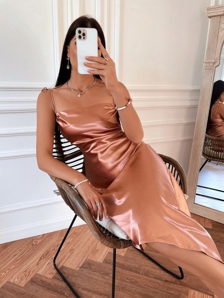 

tie shoulder asymmetrical hem satin cami dress j9c3#, Black;gray