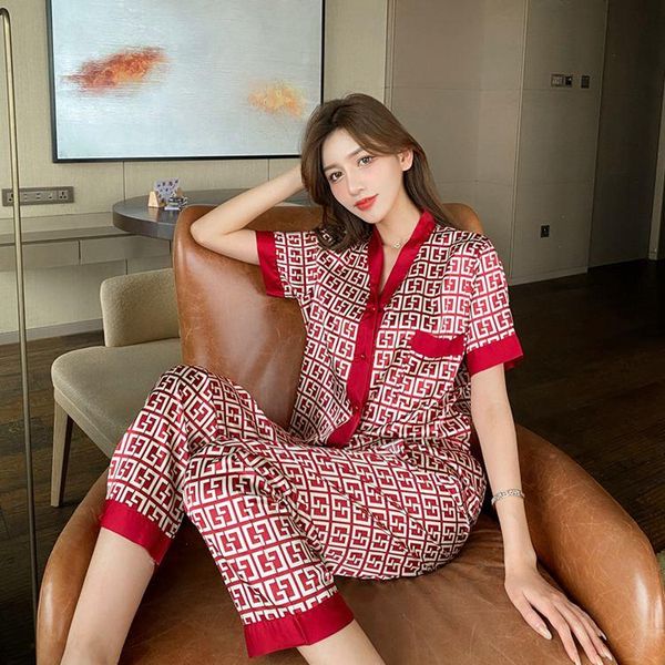 

women pajamas set style cross letter print sleepwear silk pijama leisure home clothes nightwear pyjama, Black;red