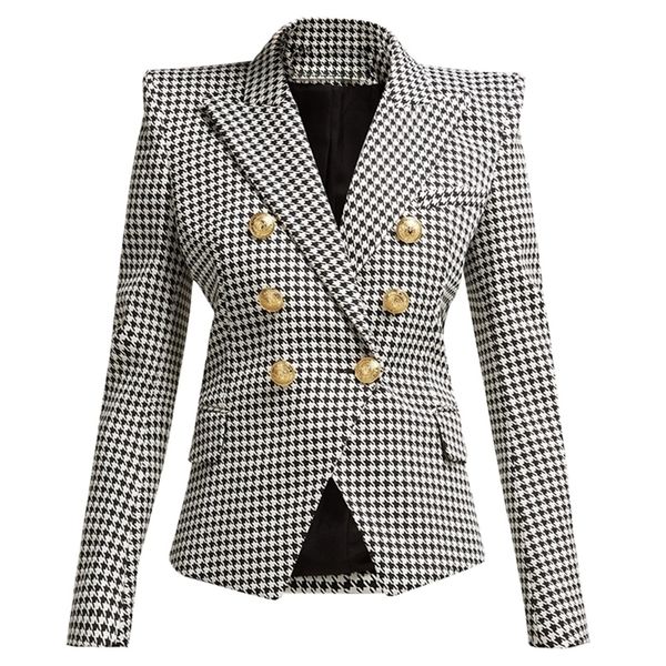 

new fashion designer womens long sleeve metal lion buttons houndstooth print blazer jacket y201026, White;black