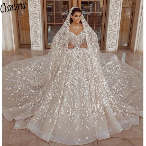 

luxury arabic champagne wedding dresses ball gown long sleeve sequins beaded bridal wedding gowns with long train, White