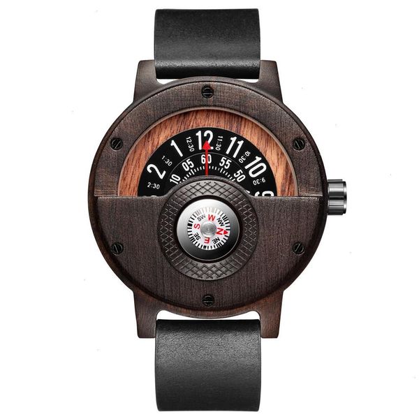 Creative Wood Watch Compass Única relógios giratórios de bússola Mens semicircle Dial Clock Quartz Retro Hour Relogio Masculino