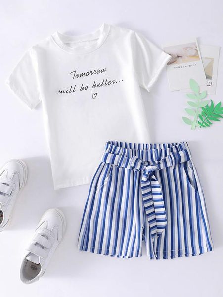 

girls slogan graphic tee & striped belted shorts she, White