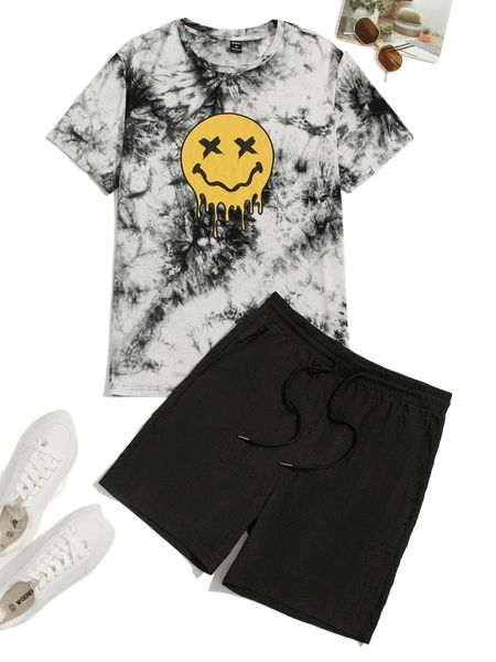 

men cartoon face print tie dye tee & drawstring waist shorts l8x0#, Gray