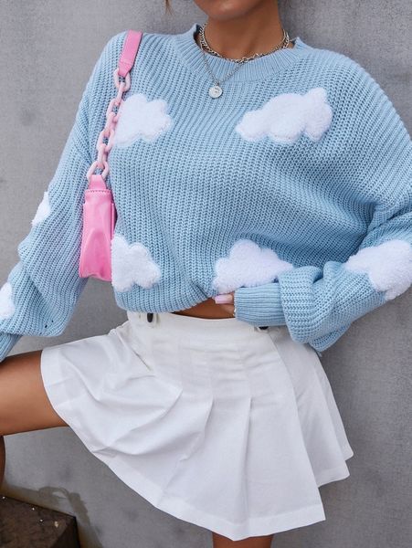 

cloud pattern drop shoulder sweater b7rx#, White;black
