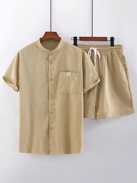 

men letter patched shirt & drawstring waist shorts 45ck#, Gray