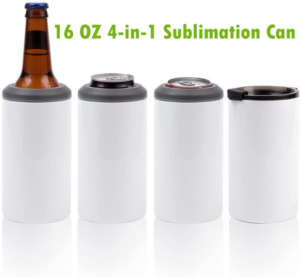 

new 16 oz sublimation can cooler tumblers blanks 4-in-1 can insulator adapter with leack-proof lid plastic straw stainless steel gt0929