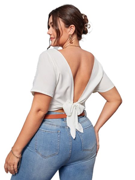 

plus v back self-tie crop blouse g2ny#, Black
