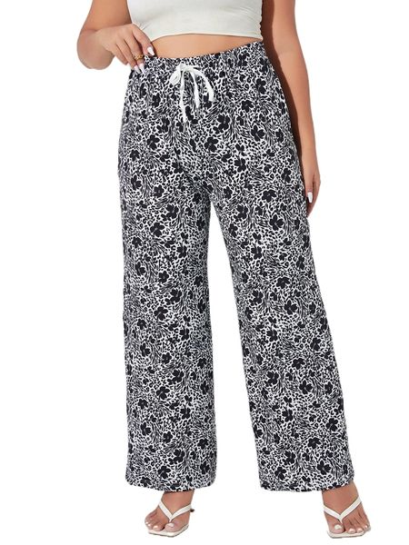

plus allover floral print drawstring waist wide leg pants m8pp#, Black