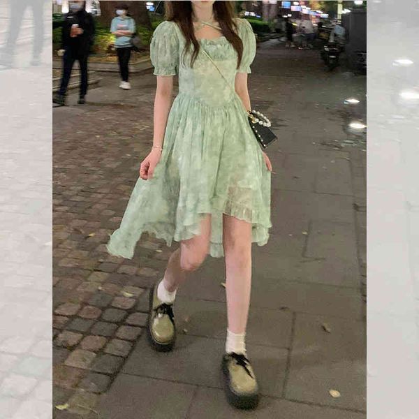 

casual dresses 2022 summer french first love sweet tea break skirt square collar irregular green chiffon floral dress df2g, Black;gray