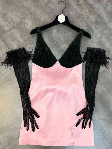 

premium summer sleeveless v neck feather gloves sleeve bow pink short mini dress ge714, Black;gray