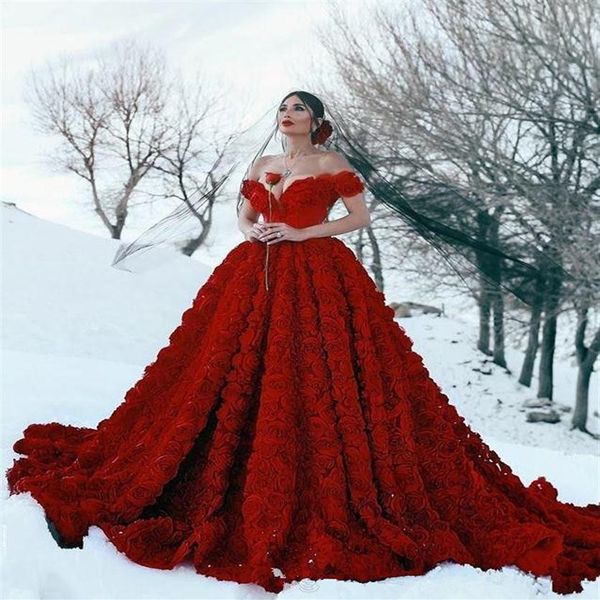 

2021 dark red wedding dresses with 3d rose flowers cathedral train arabic middle east church off shoulder backless wedding gowns266g, White